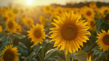 Fototapeta premium Closeup of a vibrant sunflower field at sunrise, highlighting natural beauty and warmth, selective focus, morning glow, vibrant, overlay, countryside backdrop