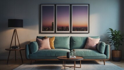 Living room with pastel colors, sofa in the living room, modern living room design, living room with photos of painting on the wall, living room, sofa, pastel, color, frame, modern, style, design