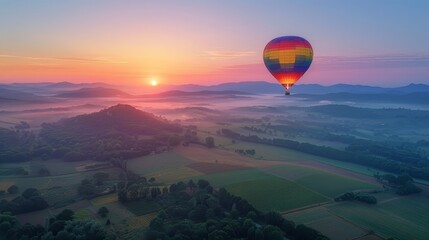 Obraz premium Hot air balloonist floating over a scenic landscape, capturing serenity and adventure, selective focus, aerial journey, ethereal, multilayer, dawn sky backdrop