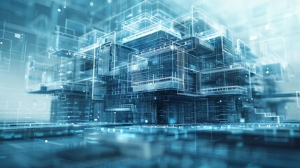 Blueprints of a futuristic building with digital overlays, highlighting innovation and technology, focus on, cuttingedge design, dynamic, manipulation, tech workshop backdrop