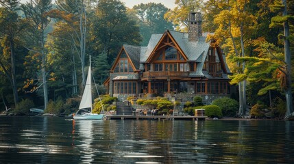 Elegant lakeside home with boat dock and sailboat, emphasizing adventure and luxury, selective focus, waterfront lifestyle, ethereal, composite, calm waters backdrop