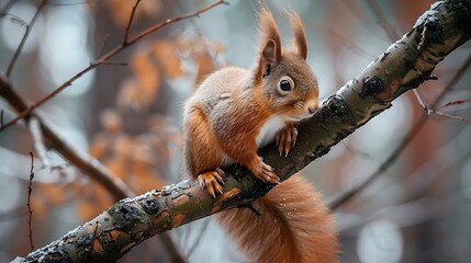 A squirrel is sitting on a tree branch