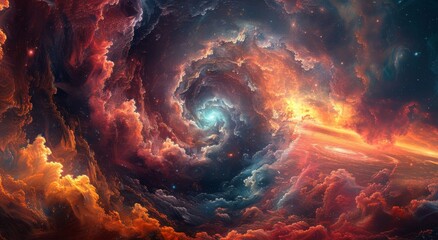 A Swirling Galaxy of Red, Orange, and Blue Clouds