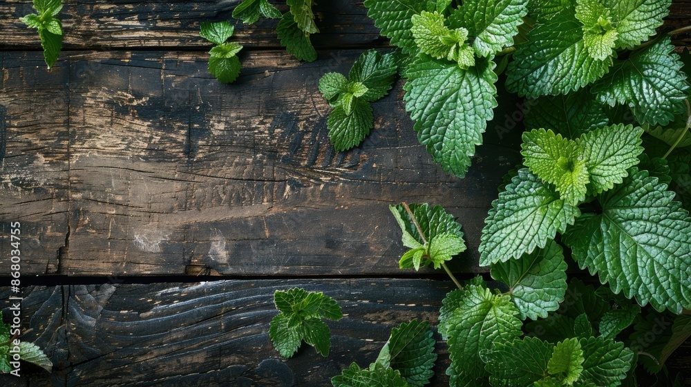 Wall mural lemon balm leaves on rustic table with copy space herbal remedy for sleep and relaxation natural bea