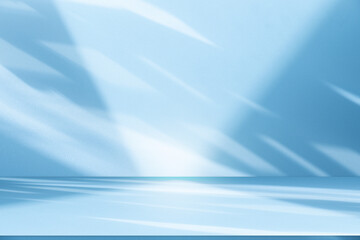 Wall interior background, studio and backdrops show products.with shadow from window color white and blue. background for text insertion and presentation product	