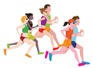 視覚障害者がマラソン大会を走っているイラストです。ガイドランナーが一緒に走っています。