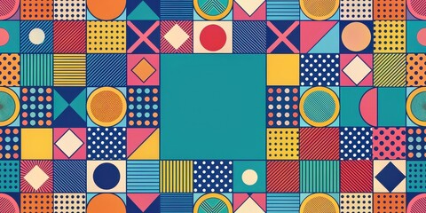 Obraz premium Colorful Memphis geometry pattern with circle and square shapes on a stylish background, Memphis, geometry, patterns