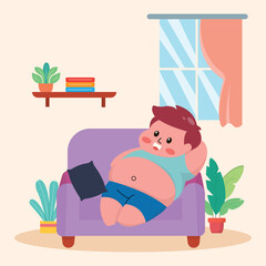 illustration of a fat little boy who likes to eat and is lazy, preferring to spend time at home