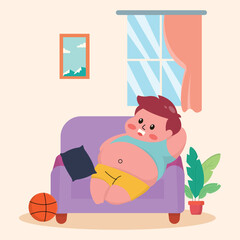 illustration of a fat little boy who likes to eat and is lazy, preferring to spend time at home