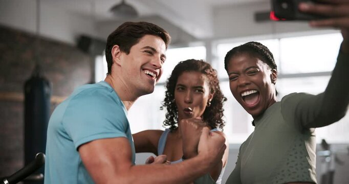 Happy friends, fitness and selfie with picture for workout, exercise or indoor training at gym. Group of young people with smile or flex for photography, moment or memory together at health club