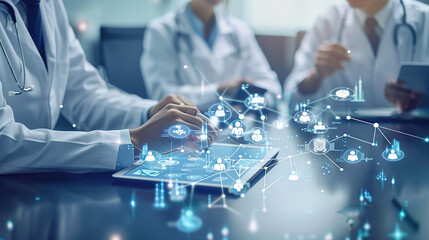 Close-up of doctors discussing digital health data on a table