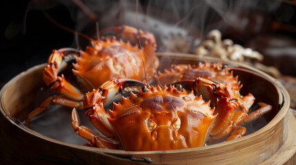 Steamed hairy crabs served in a traditional bamboo steamer