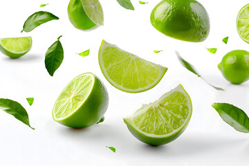 Fresh lime fruits and slices with leaves falling in mid-air.