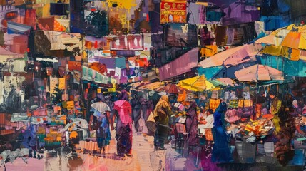 Fototapeta premium abstract portrayal of a bustling marketplace, using overlapping shapes and bright, energetic colors.