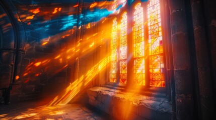 Fototapeta premium Banner background of Church Day theme banner design for microstock, no text, and wide copy space, [Sunbeam Through Window: A sunbeam shining through a church window], 