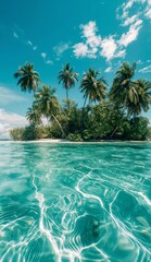 Aesthetic wallpaper featuring clear blue water and a tropical island backdrop
