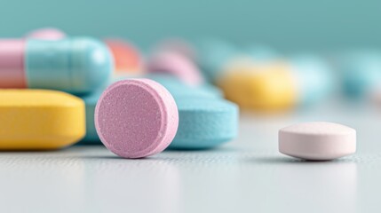 Close-up of colorful medicine pills and tablets scattered on a surface, highlighting the concept of healthcare and pharmaceuticals.