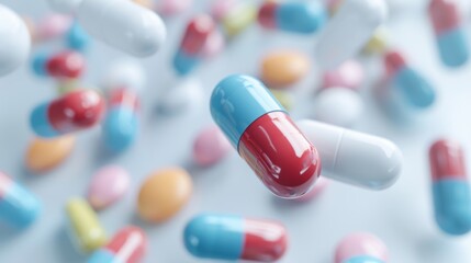 Close-up of various colorful capsules and tablets on a blurred background, representing medicine, medication, or pharmaceutical products.
