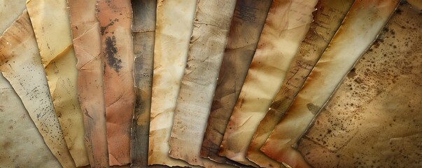A collection of aged, weathered, and stained papers fanned out