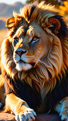 Fototapeta premium Casual Lion Basking in Golden Sunlight: A Photorealistic Nature Scene
