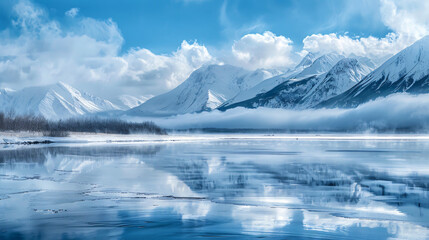 Clouds and water moving past snow covered mountains