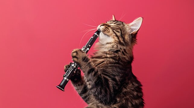 A photo of a cat amused playing clarinet, isolated on a dark pink background