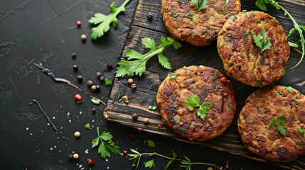 Vegan burger patties on wooden board with herbs top view on dark background