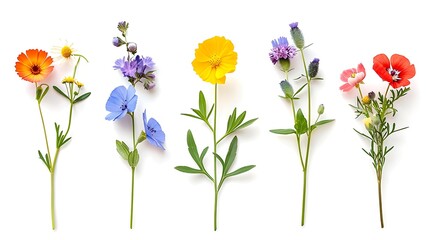 The image shows five different colored flowers in bloom arranged in a vertical line against a white background.