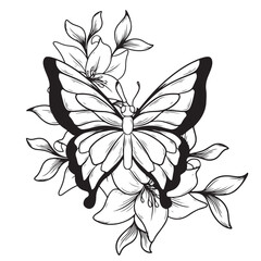 tattoo and t-shirt design black and white hand drawn butterfly with flower engraving ornament vector