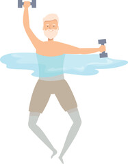 Senior man enjoying water aerobics, lifting dumbbells in the swimming pool