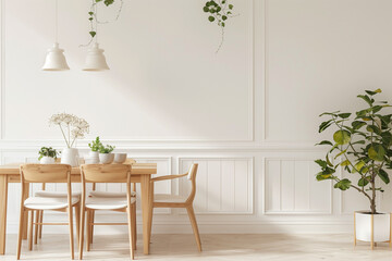 Minimalist dining area with Scandinavian influences. Simple wooden furniture. White wainscoting panels. Soft gradient background.
