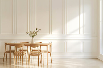 Minimalist dining area with Scandinavian influences. Simple wooden furniture. White wainscoting panels. Soft gradient background.