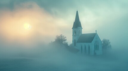 Banner background of Church Day theme banner design for microstock, no text, and wide copy space, [Church in Fog: A church barely visible through the morning fog], 