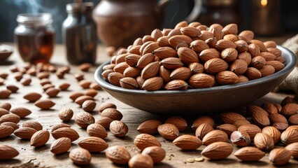 Almonds in a Bowl on a Wooden Table.