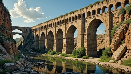Obraz premium Ancient Stone Bridge Over River With Reflections.