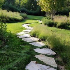 A winding path of grass and stone leads through a grassy area with shrubs on either side