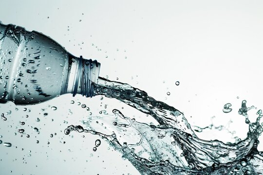 A water bottle on the verge of falling water spraying out in an arc showcasing dynamic movement and energy against a stark white background
