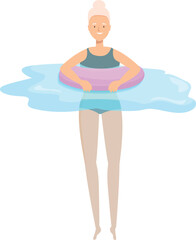 Senior woman having fun, enjoying summer vacation, relaxing on inflatable ring in swimming pool