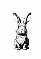 Fototapeta premium Digital illustration of rabbit sitting with its front paws tucked underneath. The rabbit is drawn in black and white, with its fur shaded to create a sense of depth and texture