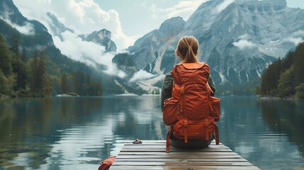 A woman with a red backpack sits on a dock overlooking a lake and mountains