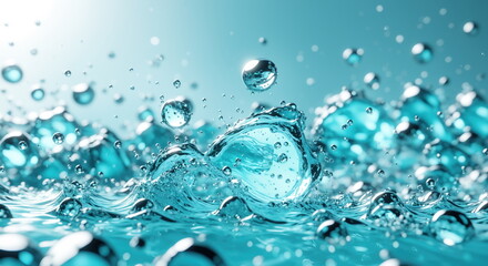 Water droplets splashing on a smooth surface, creating a wave of water and numerous bubbles