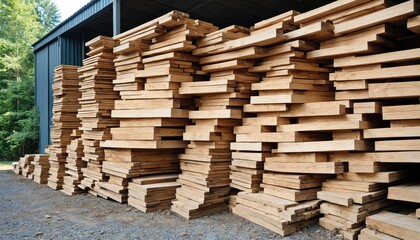 Large warehouse filled with neatly stacked wooden planks, ready for construction or manufacturing