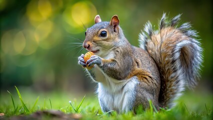 Obraz premium Eastern gray squirrel holding a nut in its paws, squirrel, nut, wildlife, animal, cute, furry, rodent, forest, foraging