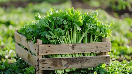 A wooden box filled with celery sits on a grassy field 