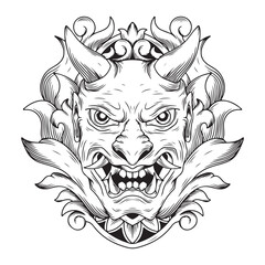 tattoo and t-shirt design black and white hand drawn oni mask engraving ornament premium vector