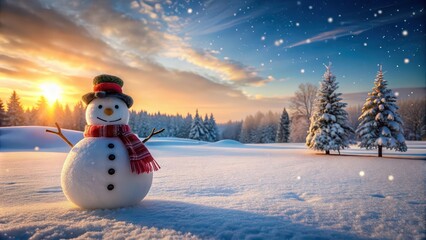Fototapeta premium Snowman standing in a winter wonderland, Christmas, holiday, festive, decorations, snow, cold, carrot nose, top hat, scarf