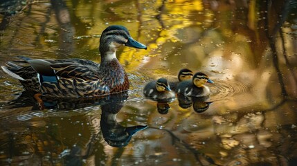 Obraz premium Wood Duck mother and ducklings swimming in pond on Hilton Head Island in morning sun