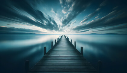 Naklejka premium Tranquil Wooden Pier Leading into Vast Lake with Stunning Cloud Reflections - Perfect for Nature Lovers
