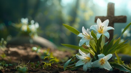 Obraz premium Banner background of Church Day theme banner design for microstock, no text, and wide copy space, [Easter Lilies: A few Easter lilies placed at the foot of a cross], 