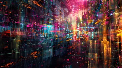 Fototapeta premium Ethereal Fiber Optic Tapestry of Shimmering Chromatic Lights and Interconnected Nodes